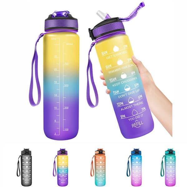 1 l vandflaske med sugerør og timer Yellow-Purple