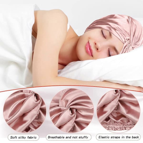 Sovehætte - 3 stk. - Satin Bonnet - Hårnet - Hårbånd - Hårhætte - 23*26cm - Lys Pink - Polyester - Hårpleje - Elastisk - Til Kvinder