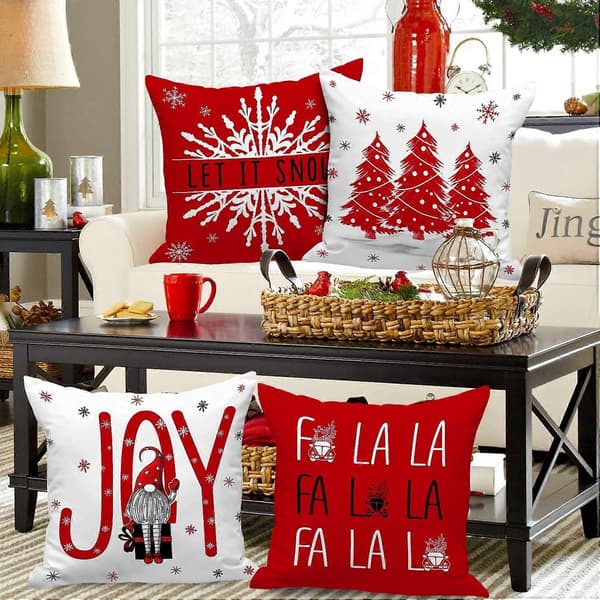 Julkuddfodral set om 4, God Jul Vinter Dekorativa Prydnadskuddfodral för Utomhus Inomhus Lantlig Stil