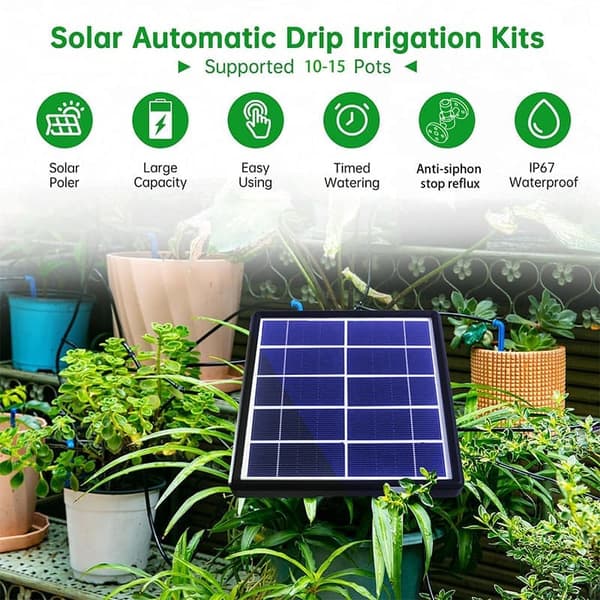 Solar-powered irrigation with timer - Automatic drip irrigation 15m with anti-siphon for garden, greenhouse and vegetables