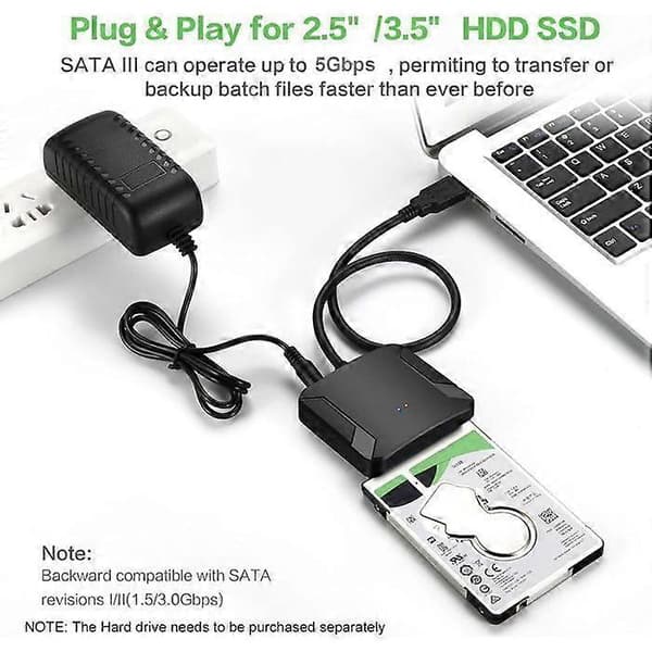 SATA till USB 3.0-adapter för 2,5\"/3,5\" SSD-enheter och hårddiskar, UASP-stöd, 12V 2A strömförsörjning ingår, kompatibel med Windows/Mac/Linux