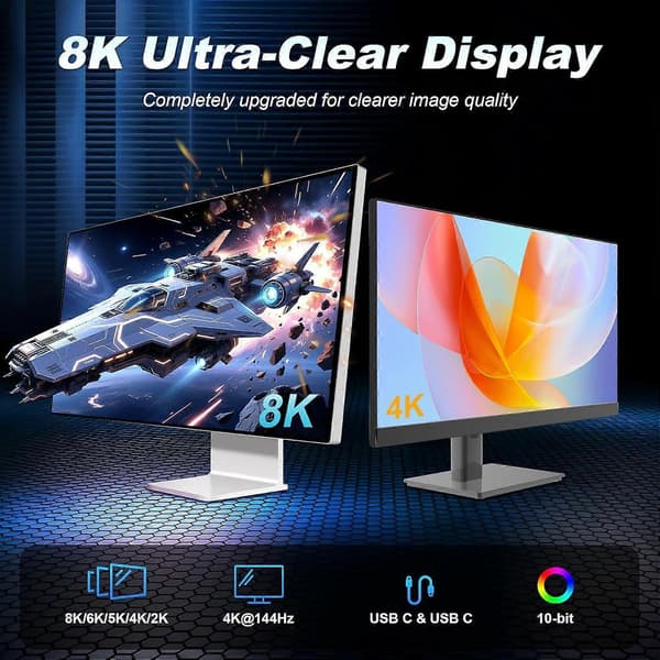 ZIKNYDO USB-C till USB-C bildskärmskabel 2m, USB-C 3.2 20Gbps dataöverföring, stöder 8K@30Hz, 4K@60Hz/144Hz video, 240W 48V/5A