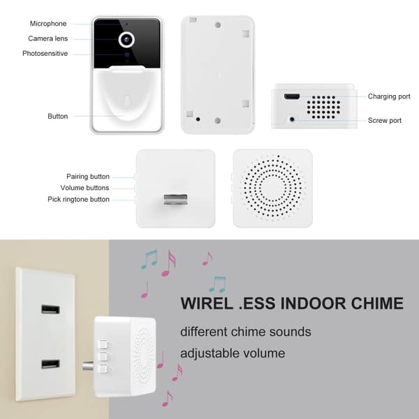 Wireless Doorbell with Camera, Smart Visual Home Doorbell, HD Night Vision, WiFi Rechargeable Security Doorbell, APP Control (White)