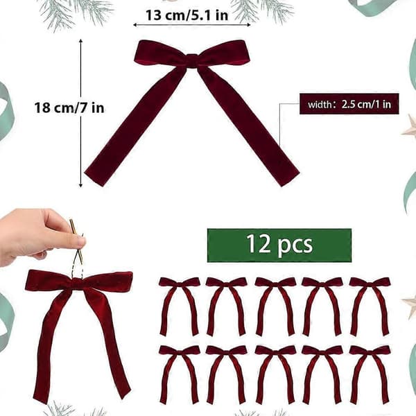 12 stk Vinrøde Julerosetter i Fløyel til Juletreet