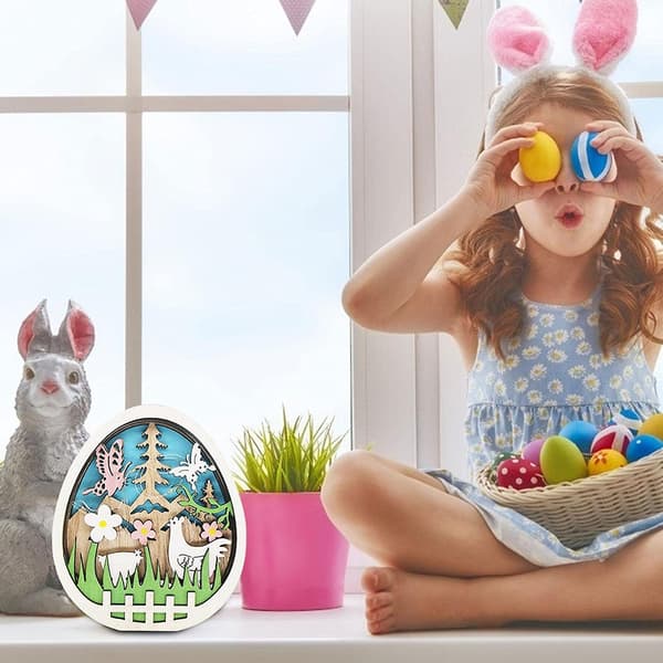 Påskedekorasjon i tre - LED-lys påskeeggdekorasjon - Tre-egglampe med kylling