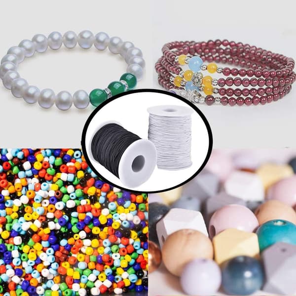 Elastisk snor til armbånd, 2 ruller 1 mm stærk strækbar elastisk snor til smykkefremstilling, halskæder, perler sort og hvid Black and White
