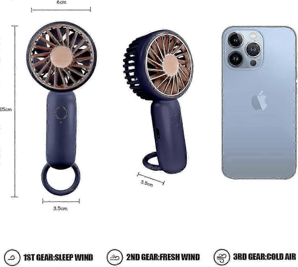 Mini Håndholdt Ventilator - 3-trins USB Genopladelig Bærbar Bordventilator med Spænde (Blå)