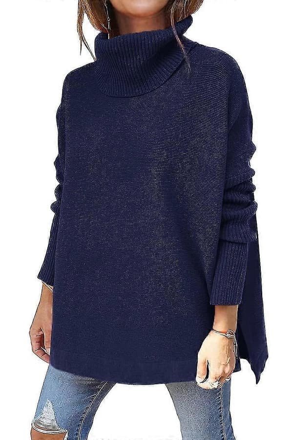 Bxhd Dame Turtleneck Oversized Batwing-ermet Splittet Kant Strikket Tunika Genser L Marinblå