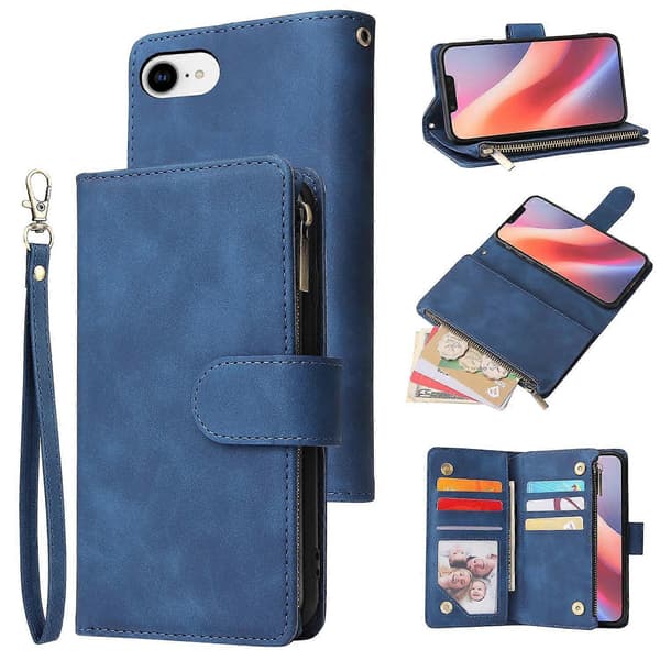 För iPhone 16e Plånboksfodral CASEME 013-serien PU Läder Telefonskydd Ställ Blå Blue Blue