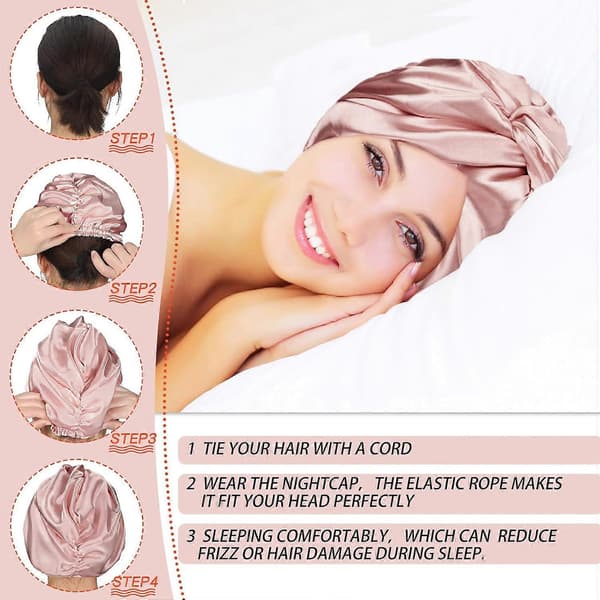 Sovehætte - 3 stk. - Satin Bonnet - Hårnet - Hårbånd - Hårhætte - 23*26cm - Lys Pink - Polyester - Hårpleje - Elastisk - Til Kvinder