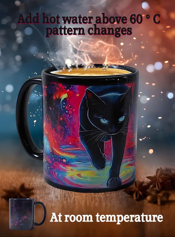 Magic Color Changing Cat Mug, Heat Activated Ceramic Cup with 5 Cat Motifs, Novelty Gift 350ml Black cat