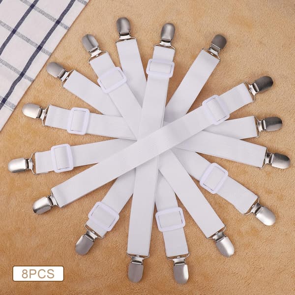 8 Pieces Sheet Clips, Adjustable Sheet Holders, High Elastic Fitted Sheet Straps with Clips, Sheet Fasteners Max Stretch 120cm, Sheet Holders White