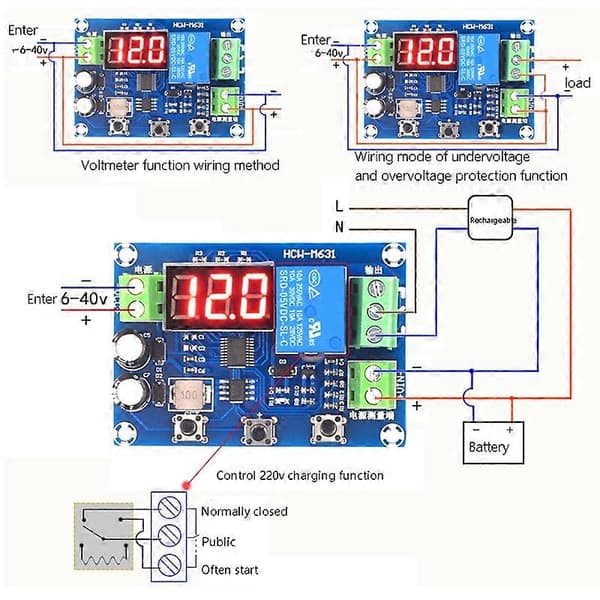 HCW-M631 DC6-40V Batteriladeutladningsmodul med Voltmeter Underspennings- Overspenningsbeskyttelse blå