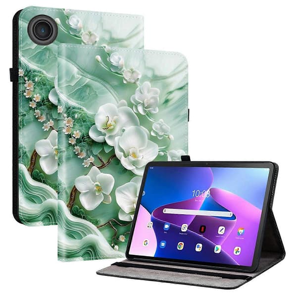 For Lenovo Tab TB311FU Leather Case Pattern Printed Stand Tablet Protective Cover with Card Slots Jade Flower