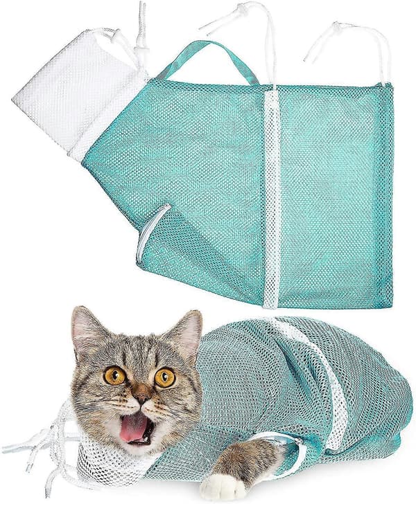 Katt Dusjnettpose Kattepleie Badebag Justerbar Kattevaskepose Multifunksjonell Kattebegrensningspose, grønn