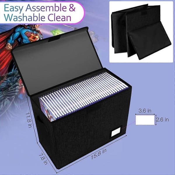 Comic Book Storage Boxes, Foldable Comic Book Box with Lid, Book Box for [YJD] Black