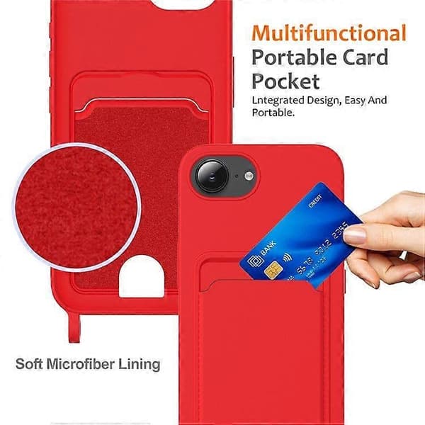 For iPhone 16e Deksel Flytende Silikon Kortholder Bakside Telefonbeskyttelse med Snor Red