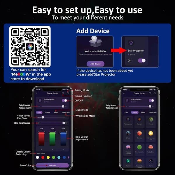 Starry Sky Projector for Kids: LED Night Light and Galaxy Projector with Remote Control and App Control, White
