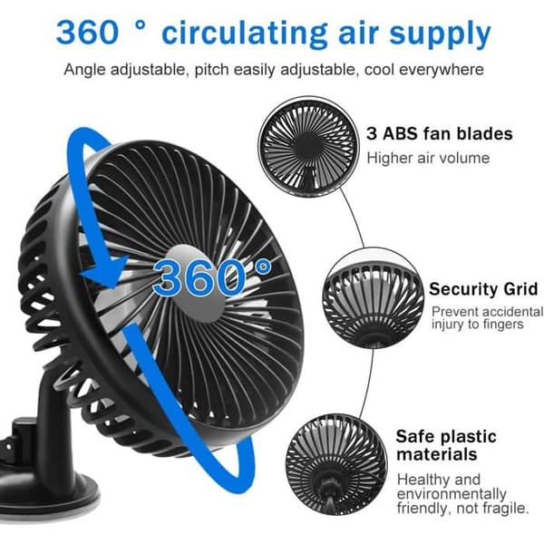 USB-bilventilator med sugekop, 12V/24V bærbar ventilator, tre hastigheder, egnet til instrumentbrætter.