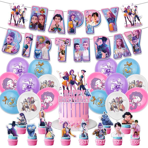 K-Pop Devil Hunter Bursdagsfest Dekorationssett - Banner, Kakepynt, Ballonger, Perfekt for Temafester for Barn - Perfekt Style 1