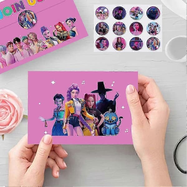 K-Pop-tema 12 invitasjonskort med konvolutter og klistremerker, rosa 24pcs