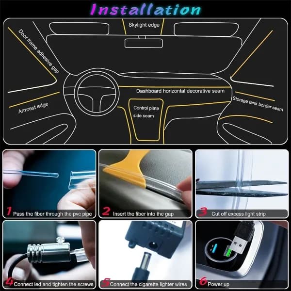 Interior LED Strip Light for Car with Wireless APP and Remote Control, RGB 5 in 1 Ambient Lighting Kit with 236 inch Fiber Optic