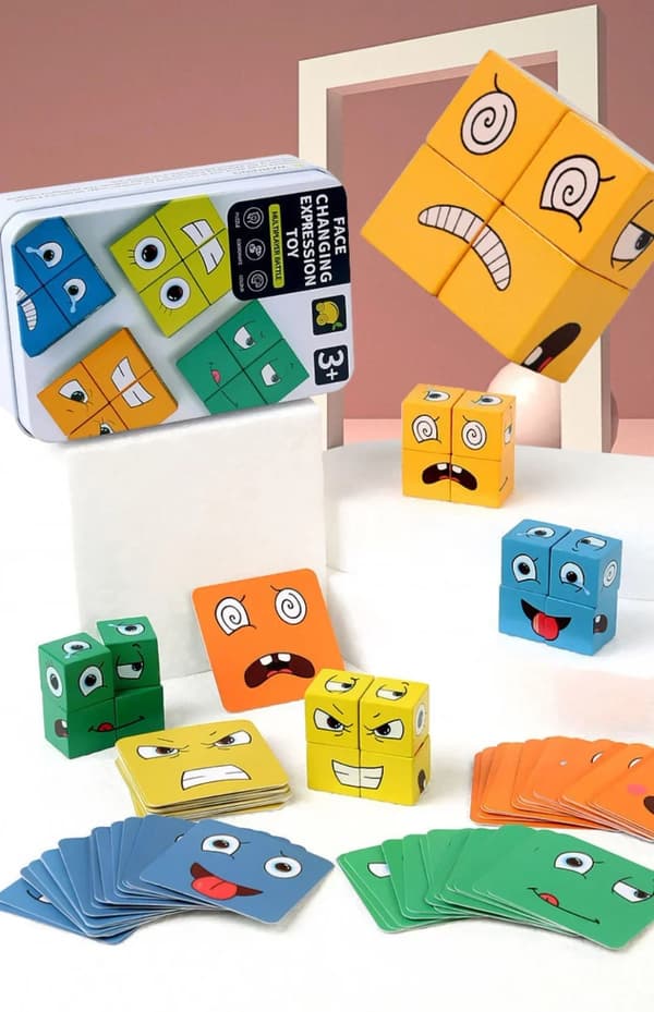 Kub Ansiktsbytes Träpussel Byggstenar Brädspel Montessori Uttryck Träblock Blocos För Barn Leksaker Present_Super Gift Iron Box 64pcs card