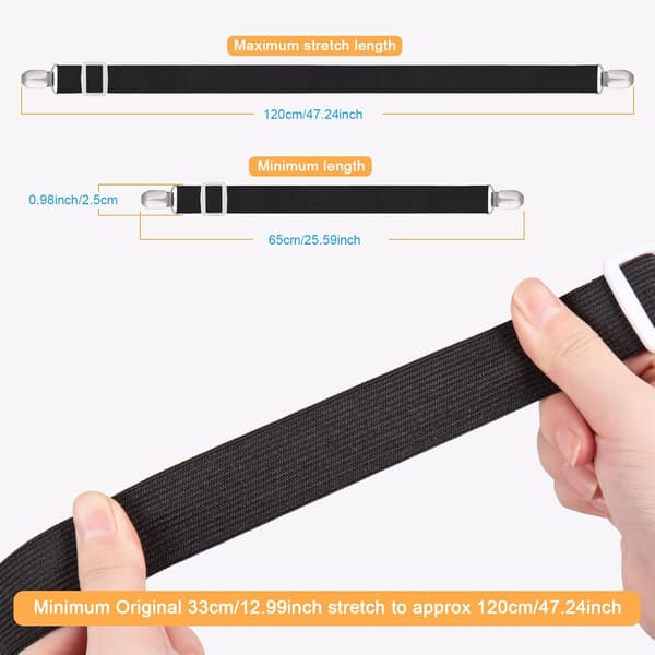8 Pieces Sheet Clips, Adjustable Sheet Holders, High Elastic Fitted Sheet Straps with Clips, Sheet Fasteners Max Stretch 120cm, Sheet Holders Black