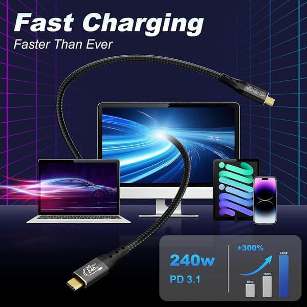 ZIKNYDO USB-C till USB-C bildskärmskabel 2m, USB-C 3.2 20Gbps dataöverföring, stöder 8K@30Hz, 4K@60Hz/144Hz video, 240W 48V/5A