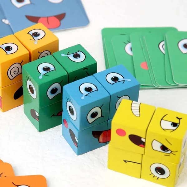 Kub Ansiktsbytes Träpussel Byggstenar Brädspel Montessori Uttryck Träblock Blocos För Barn Leksaker Present_Super Gift Iron Box 64pcs card