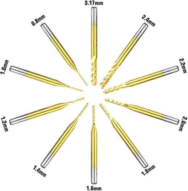 10 stk. PCB roterende fræsere titaniumbelagt hårdmetal endefræser graveringsbits sæt 1/8\" 3mm skaft borebits til CNC roterende gravering 0,8mm-3,175mm