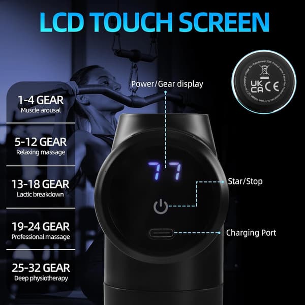Deep Tissue Massage Gun, Percussion Muscle Massager, 32 Speeds, with LCD Touch Screen, 8 Heads