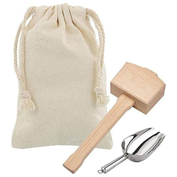 Isklubba och ispåse - Trähammare och bomullslinnepåse för krossad is, bartenderkit & bar Kitc_Bra saker beige  silver