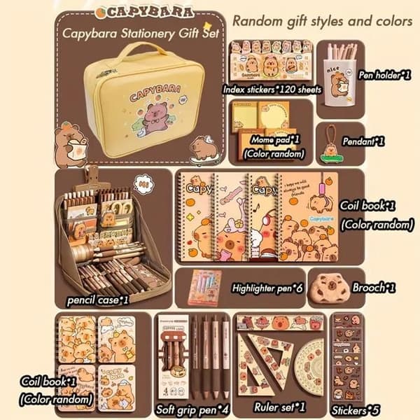 Kawaii Capybara Stationery Set: Includes Pens, Stickers, and Pencil Sharpener - Gift Box for Kids