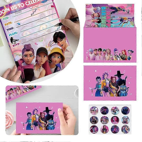 K-Pop-tema 12 invitasjonskort med konvolutter og klistremerker, rosa 24pcs