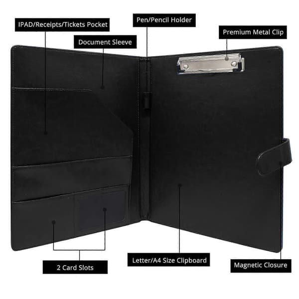 A4 Magnetic Conference Folder Clipboard with Storage Portfolio Padfolio PU Leather Interview Document Organizer