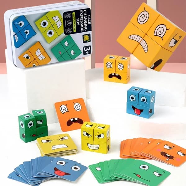 Kub Ansiktsbytes Träpussel Byggstenar Brädspel Montessori Uttryck Träblock Blocos För Barn Leksaker Present_Super Gift Iron Box 64pcs card