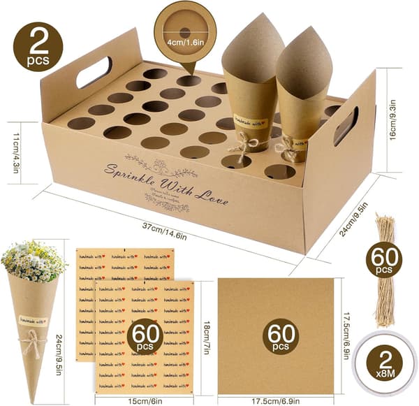 60 bryllupsrisstrutter, konfettholdere af kraftpapir til ceremonidekorationer, festgaver, polterabend, receptionsbord Sc Brown