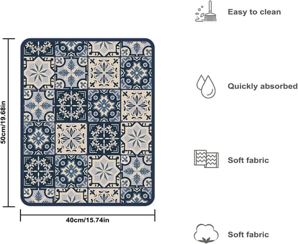 Drainage Mat, Soft Microfiber Sink Mat for Kitchen Drains for Kitchen Utensils Sink Countertop (40 * 50 CM, Blue Print) 40*50cm