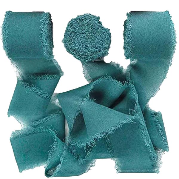 Håndlavede frynsede chiffon silke bånd til bryllupsinvitationer, brudebuketter, julepynt Blå grön