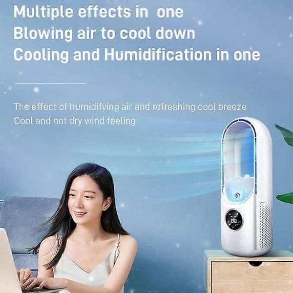 Bord Bladløs Befugtning Elektrisk Ventilator Seks Gear Justerbar med LED Lys Timerfunktion White