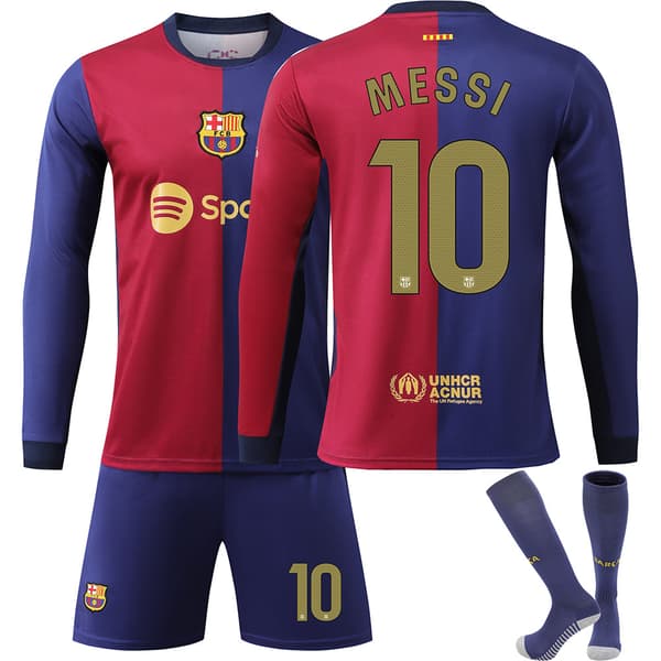 FCB 10 MESSI 2023/2024 Langærmet efterår/vinter udebane børnefodboldtrøje/shorts/strømper sæt Ungdom Børnestørrelser S