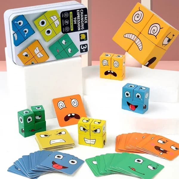 Kub Ansiktsbytes Träpussel Byggstenar Brädspel Montessori Uttryck Träblock Blocos För Barn Leksaker Present_Super Gift Iron Box 64pcs card