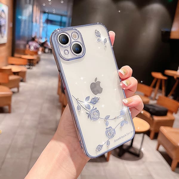 Rosmønstret galvaniseret silikoneetui til iPhone 14 (Blå)
