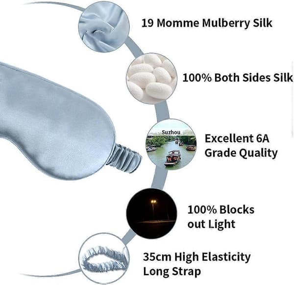 Sovmask, ögonmask i silke för sömn, ren mullbärssilke mörkläggande allergivänlig ögonbindel med elastiskt band (silver)