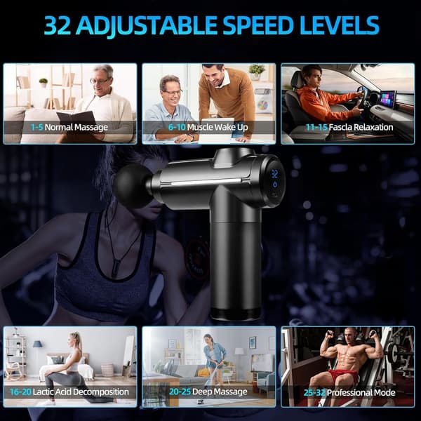 Deep Tissue Massage Gun, Percussion Muscle Massager, 32 Speeds, with LCD Touch Screen, 8 Heads