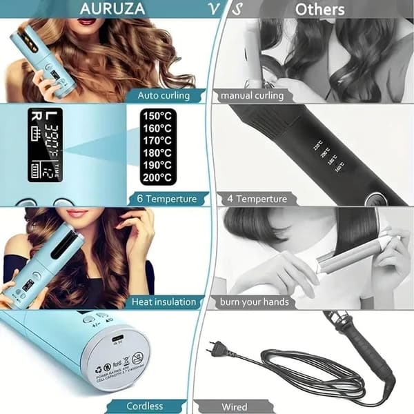 Wireless Curling Iron - Portable Curling Iron with LED, 6 Temperature Settings for All Hair Lengths Grå