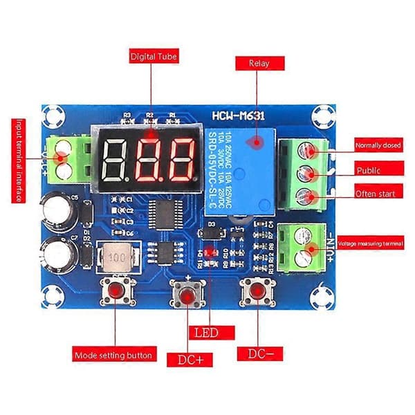 HCW-M631 DC6-40V Batteriladeutladningsmodul med Voltmeter Underspennings- Overspenningsbeskyttelse blå