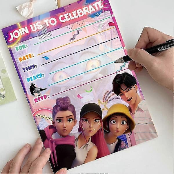 K-Pop-tema 12 invitasjonskort med konvolutter og klistremerker, rosa 24pcs