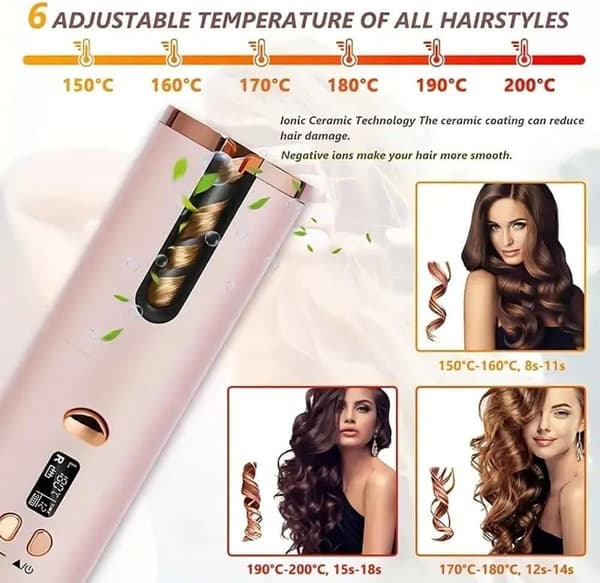 Wireless Curling Iron - Portable Curling Iron with LED, 6 Temperature Settings for All Hair Lengths Rosa